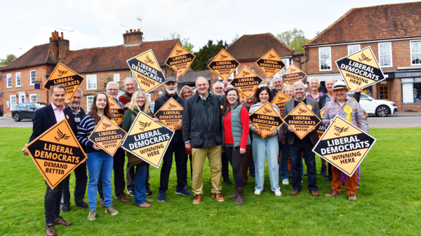 Group photo with Ed Davey and Sarah Green on Chalfont St Giles Village Green