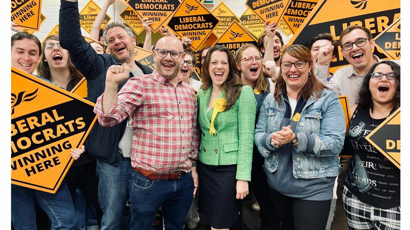 Sarah Green celebrates her by-election victory with her team